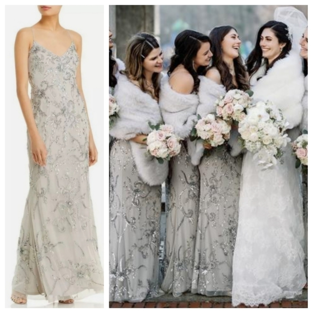 NEW AIDAN MATOX Silver Beaded Sequin Embellished V Neck Maxi Gown Dress Size 8